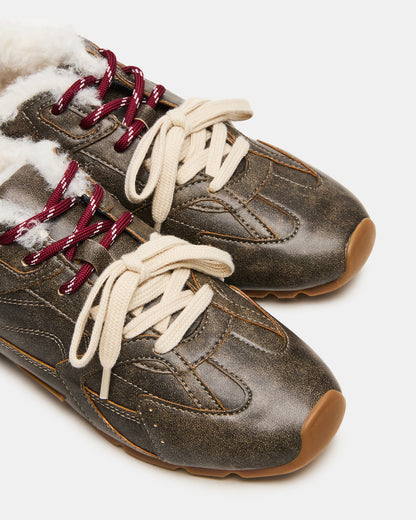 Steve Madden AZIEL Faux Fur Brown Distressed Low-Top Lace-Up Women's Sneakers