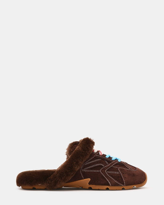 Steve Madden AZIEL MULE Faux Fur Chocolate Brown Suede Low-Top Lace-Up Slip-On Women's Sneaker