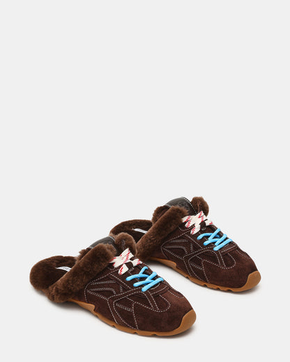 Steve Madden AZIEL MULE Faux Fur Chocolate Brown Suede Low-Top Lace-Up Slip-On Women's Sneaker