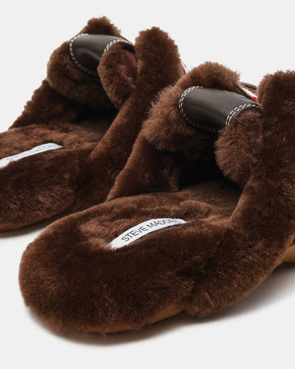 Steve Madden AZIEL MULE Faux Fur Chocolate Brown Suede Low-Top Lace-Up Slip-On Women's Sneaker