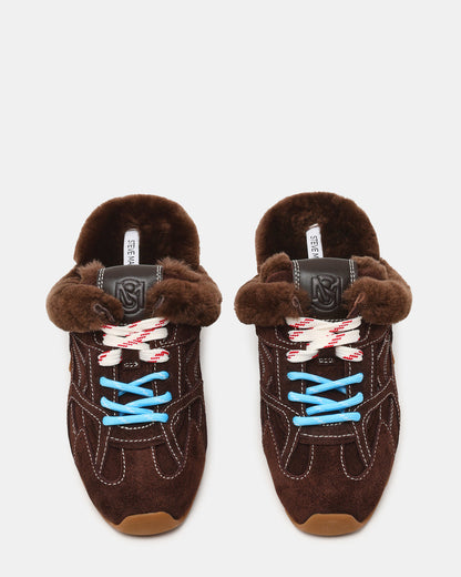 Steve Madden AZIEL MULE Faux Fur Chocolate Brown Suede Low-Top Lace-Up Slip-On Women's Sneaker