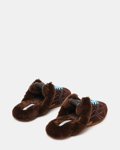 Steve Madden AZIEL MULE Faux Fur Chocolate Brown Suede Low-Top Lace-Up Slip-On Women's Sneaker
