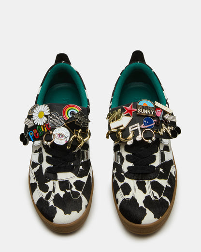 Steve Madden WYATT Black Cow Print Lace-Up Low-Top Pin Women's Sneaker