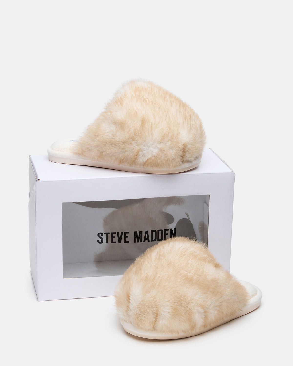 Steve Madden POOF Natural Slip-On Faux Fur Mule Women's Flat