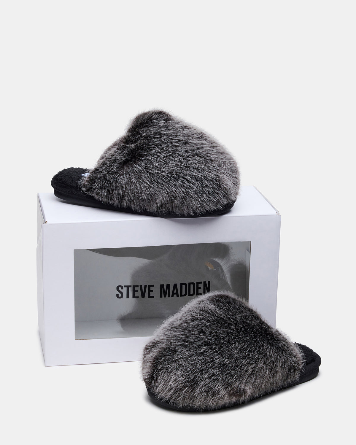 Steve Madden POOF GREY Slip-On Faux Fur Mule Women's Flat