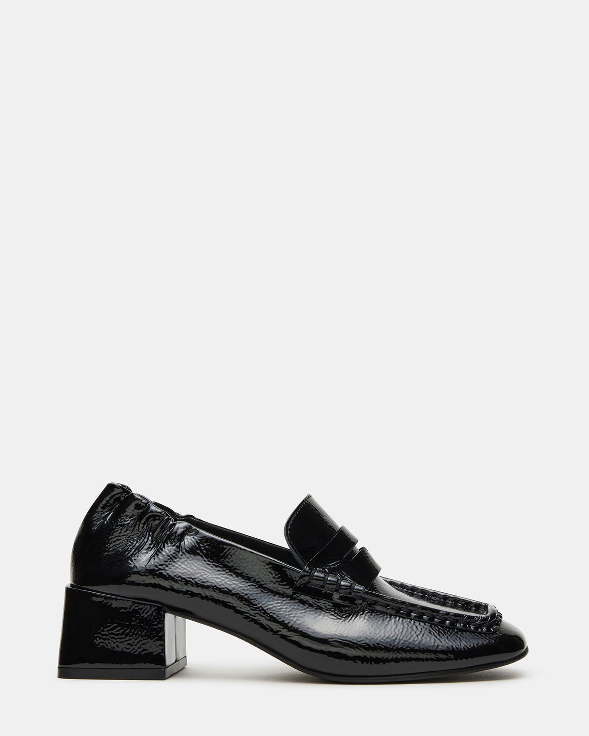 Steve Madden ESTEE Black Crinkle Patent Square-Toe Heeled Women's Loafer