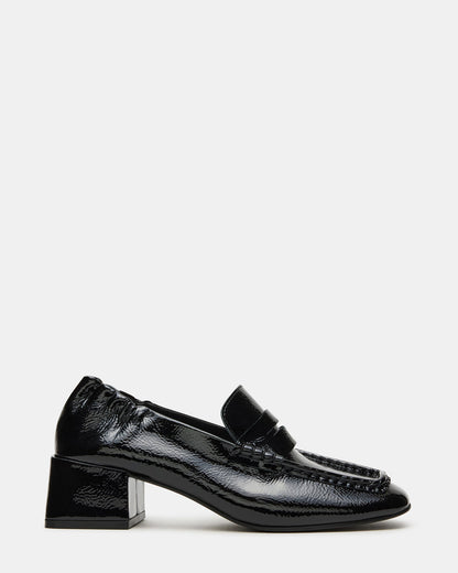 Steve Madden ESTEE Black Crinkle Patent Square-Toe Heeled Women's Loafer