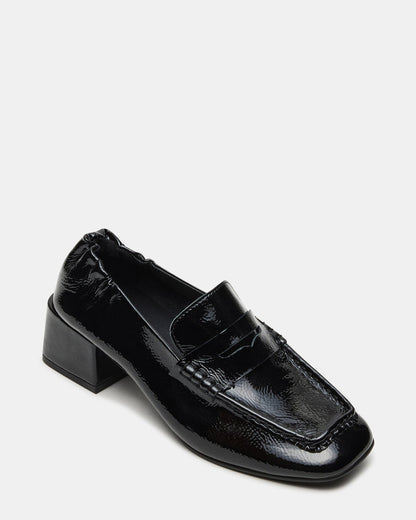 Steve Madden ESTEE Black Crinkle Patent Square-Toe Heeled Women's Loafer