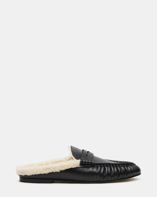 Steve Madden RAFE Faux Fur Black Leather Slip-On Mule Women's Flat