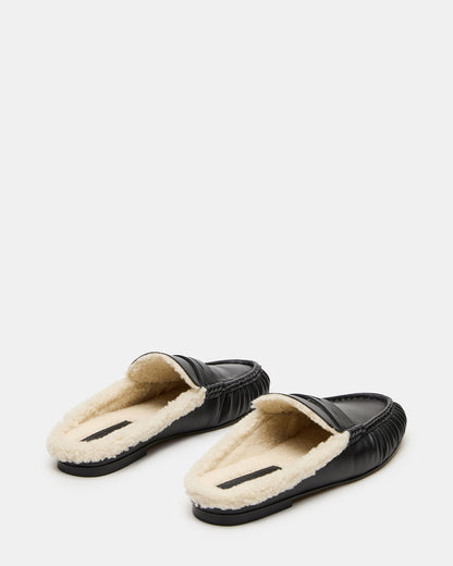 Steve Madden RAFE Faux Fur Black Leather Slip-On Mule Women's Flat