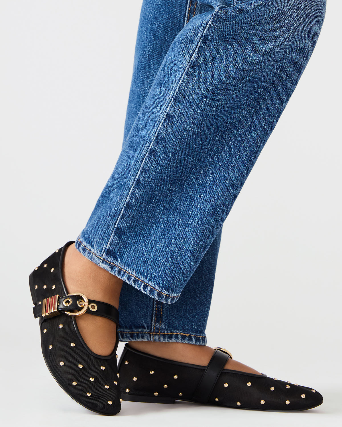 Steve Madden LUCIA Stud Black Multi Mesh Mary Jane Ballet Women's Flat