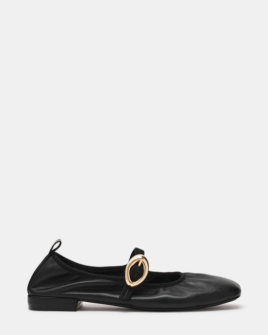 Steve Madden DAFFIA Black Leather Mary Jane Gold-Detail Buckle Ballet Women's Flat