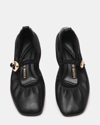 Steve Madden DAFFIA Black Leather Mary Jane Gold-Detail Buckle Ballet Women's Flat