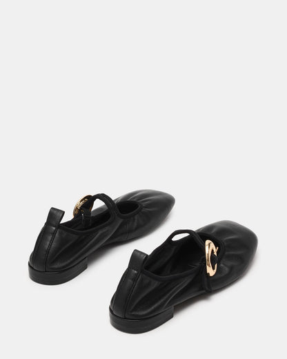 Steve Madden DAFFIA Black Leather Mary Jane Gold-Detail Buckle Ballet Women's Flat