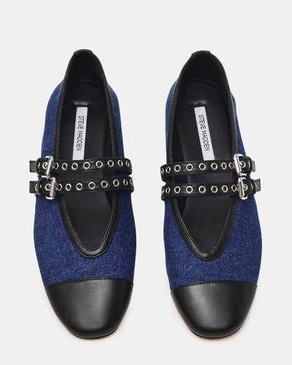 Steve Madden LYDIA Cap Black Denim Mary Jane Ballet Women's Flat