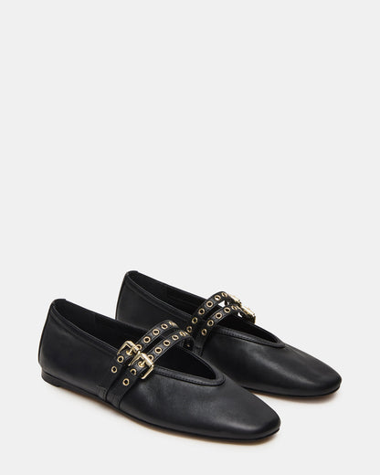 Steve Madden LYDIA Black Leather Square-Toe Mary Jane Ballet Women's Flat
