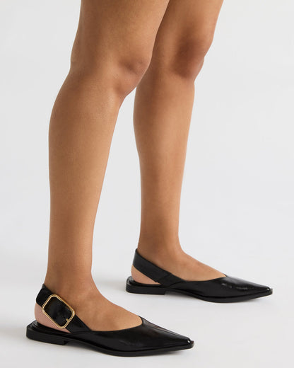 Steve Madden SHAY Black Leather Pointed-Toe Slingback Ballet Women's Flat