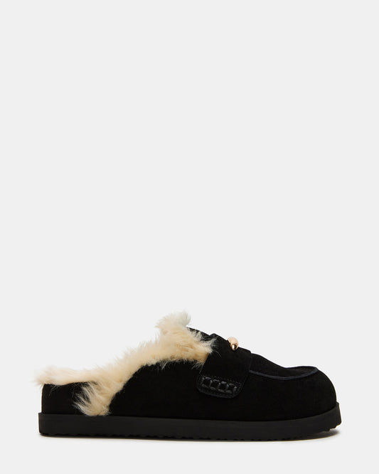 Steve Madden TOBIN Faux Fur Black Suede Slip-On Mule Women's Flat