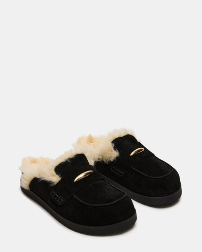 Steve Madden TOBIN Faux Fur Black Suede Slip-On Mule Women's Flat