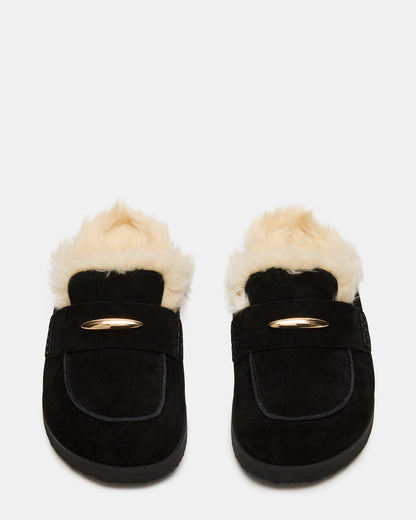 Steve Madden TOBIN Faux Fur Black Suede Slip-On Mule Women's Flat