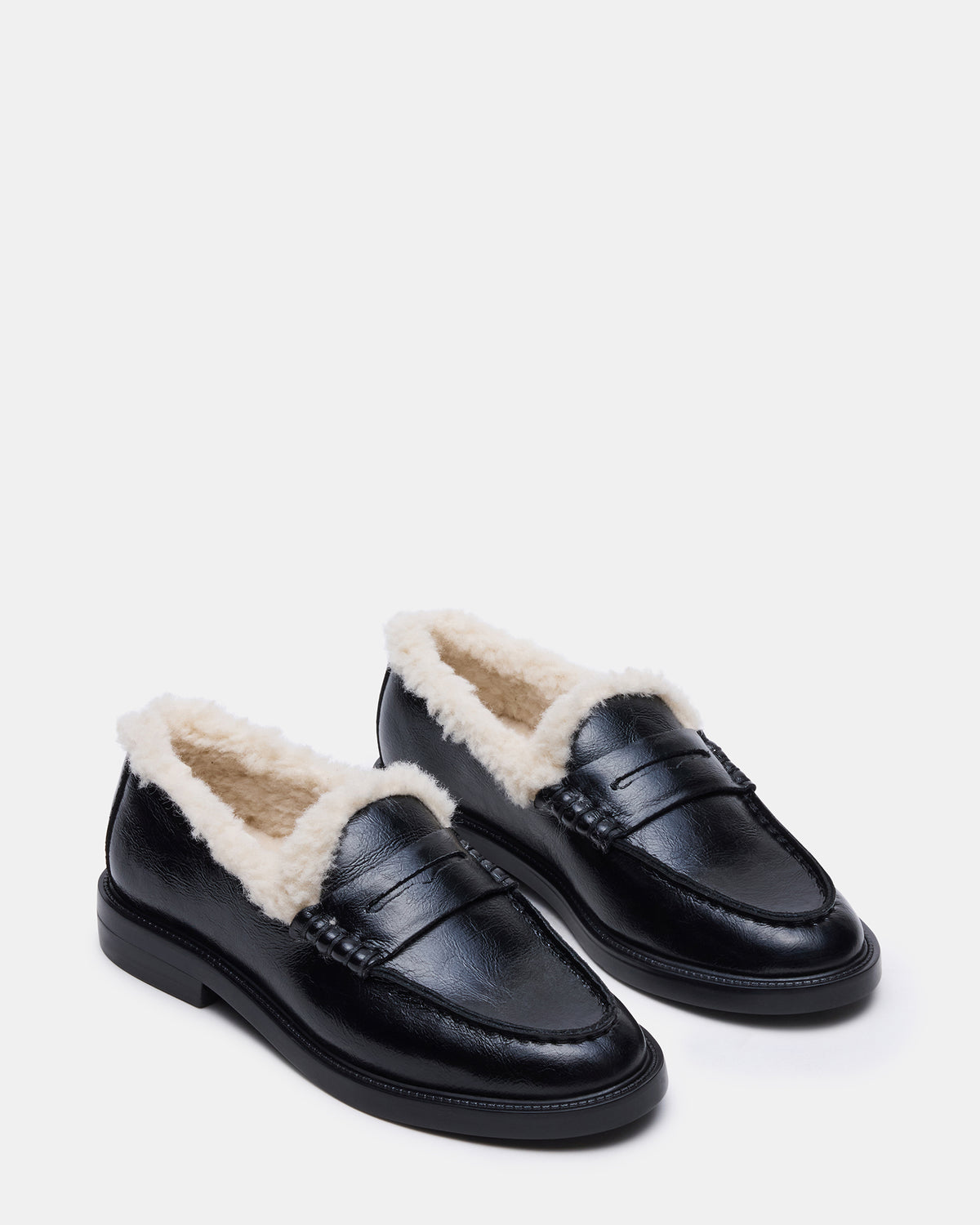 Steve Madden MADISON Faux Fur Black Leather Women's Penny Loafer