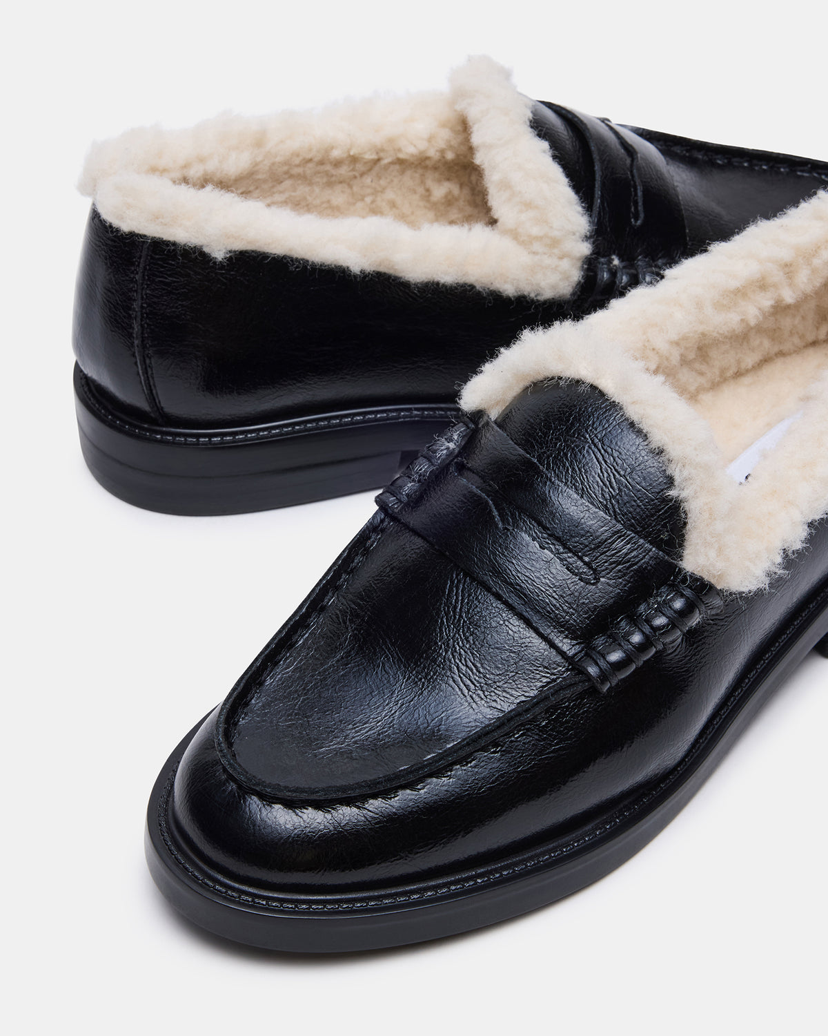 Steve Madden MADISON Faux Fur Black Leather Women's Penny Loafer