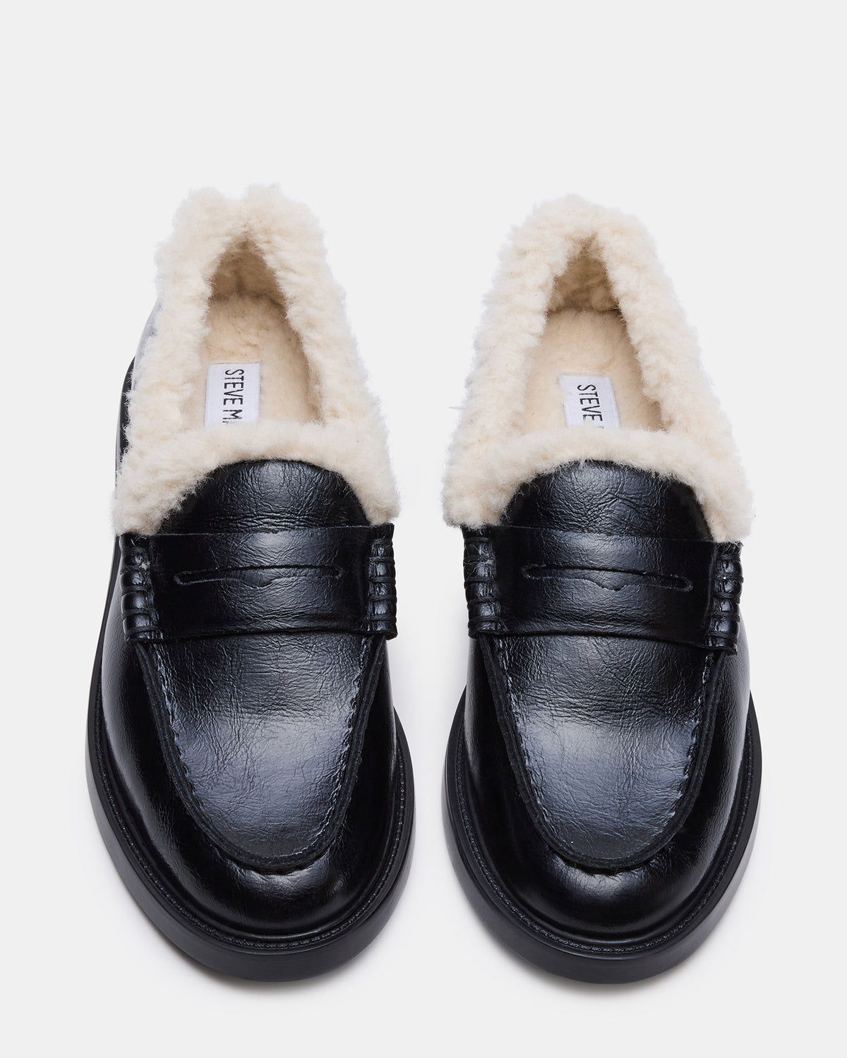 Steve Madden MADISON Faux Fur Black Leather Women's Penny Loafer