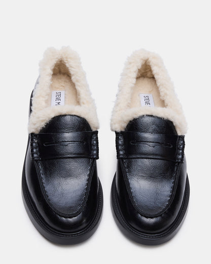 Steve Madden MADISON Faux Fur Black Leather Women's Penny Loafer