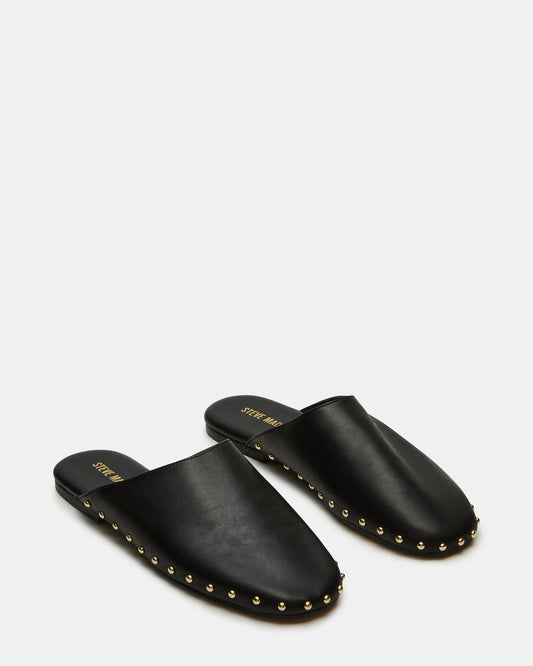 Steve Madden PEARSON Black Leather Rounded-Toe Slip-On Women's Flat