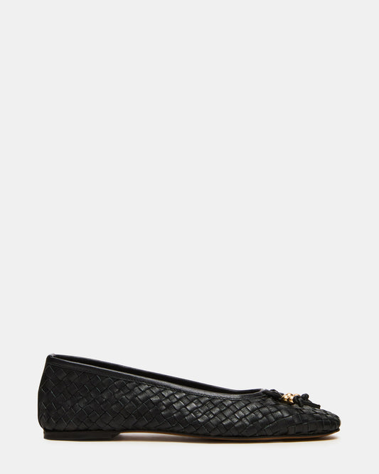 Steve Madden DIVY Black Leather Woven Bow Ballet Round-Toe Women's Flat