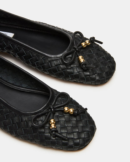 Steve Madden DIVY Black Leather Woven Bow Ballet Round-Toe Women's Flat