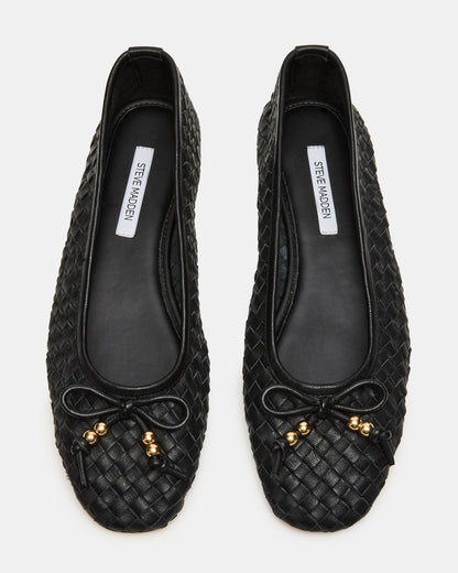 Steve Madden DIVY Black Leather Woven Bow Ballet Round-Toe Women's Flat