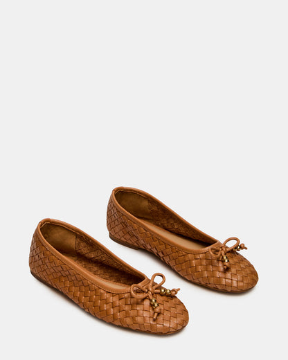 Steve Madden DIVY Cognac Leather Woven Bow Ballet Round-Toe Women's Flat