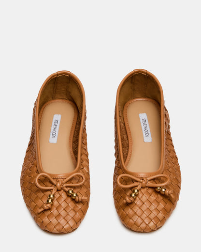 Steve Madden DIVY Cognac Leather Woven Bow Ballet Round-Toe Women's Flat