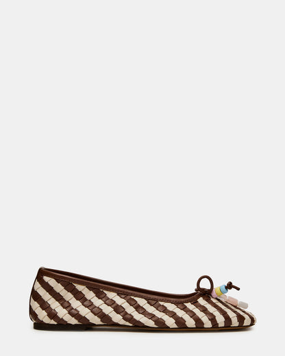 Steve Madden DIVY White/Brown Leather Woven Bow Ballet Round-Toe Women's Flat
