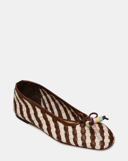 Steve Madden DIVY White/Brown Leather Woven Bow Ballet Round-Toe Women's Flat