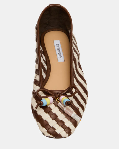 Steve Madden DIVY White/Brown Leather Woven Bow Ballet Round-Toe Women's Flat