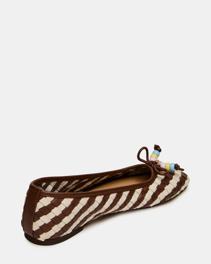 Steve Madden DIVY White/Brown Leather Woven Bow Ballet Round-Toe Women's Flat