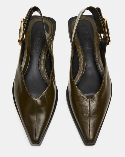 Steve Madden SHAY Olive Leather Pointed-Toe Slingback Ballet Women's Flat