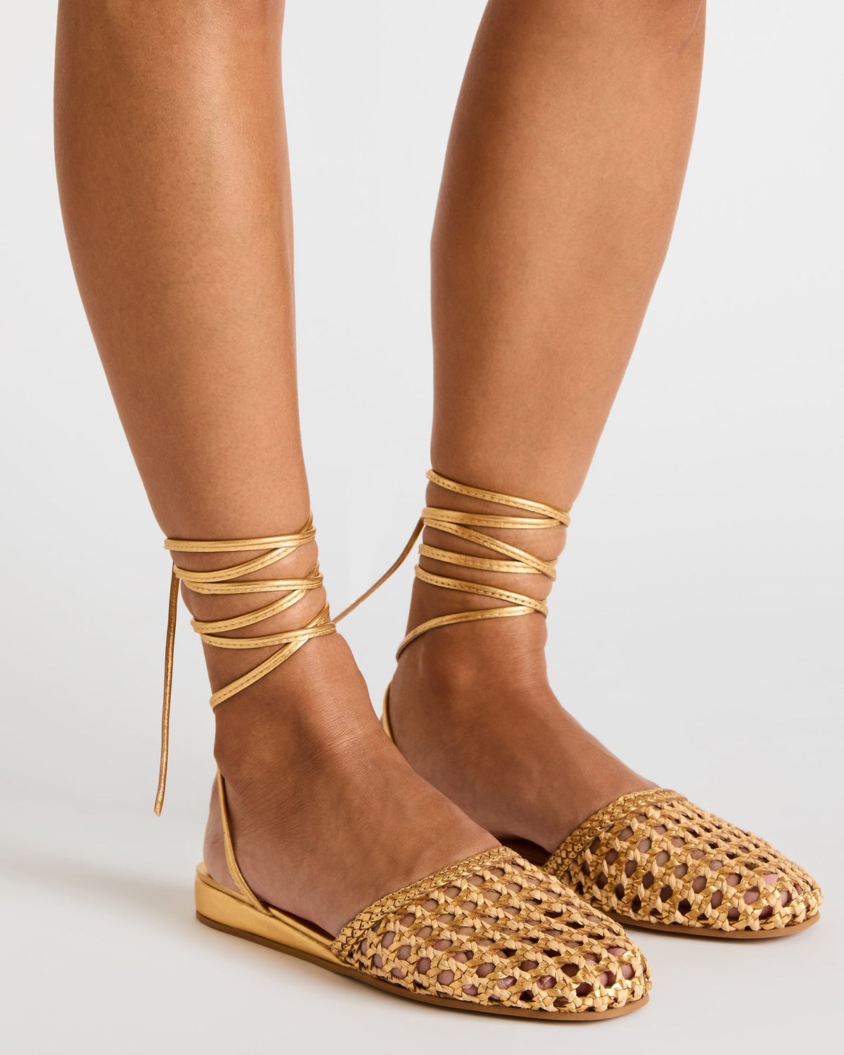 Steve Madden FLUTTER Gold Woven Mule Leg-Ties Strappy Women's Flat