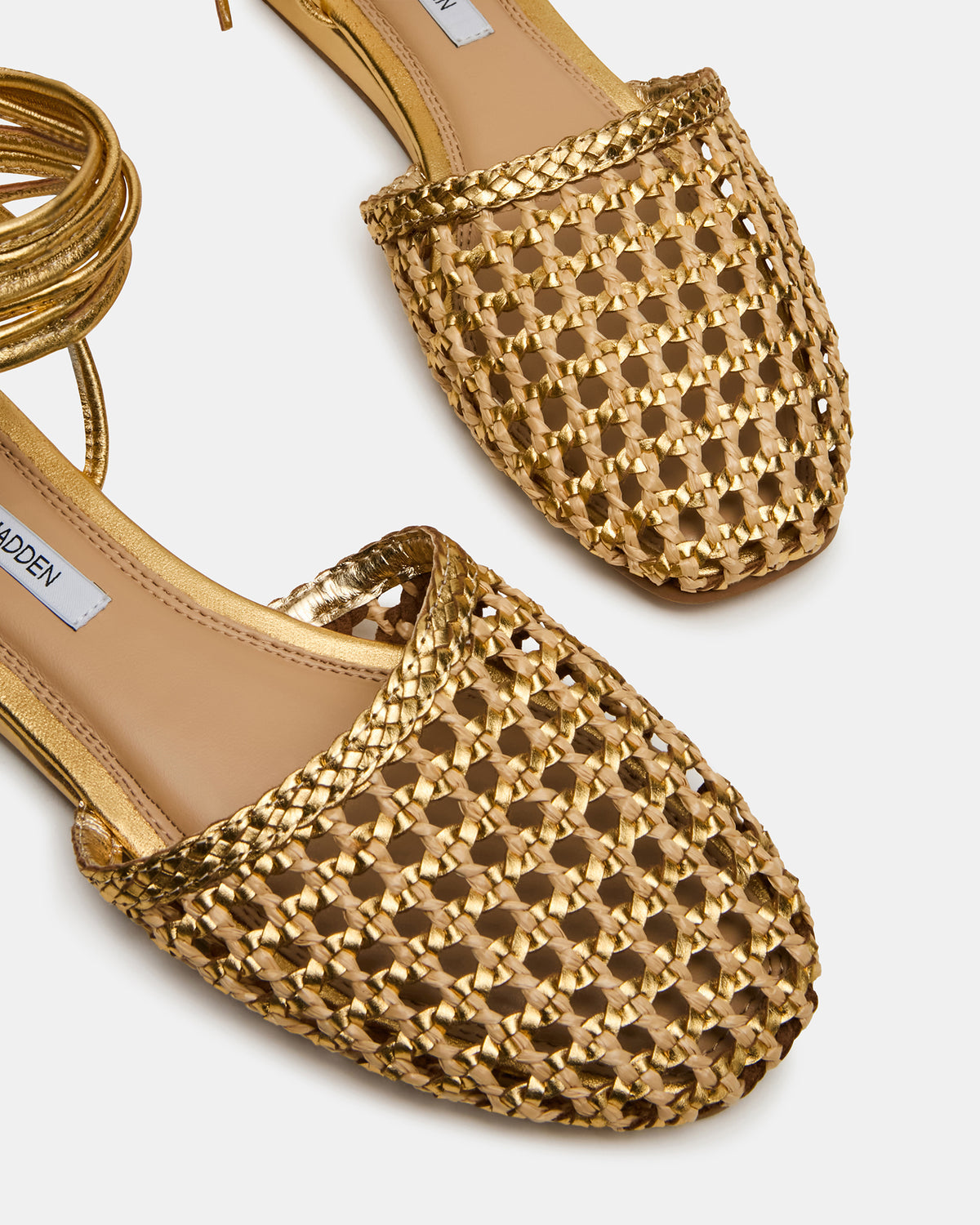 Steve Madden FLUTTER Gold Woven Mule Leg-Ties Strappy Women's Flat