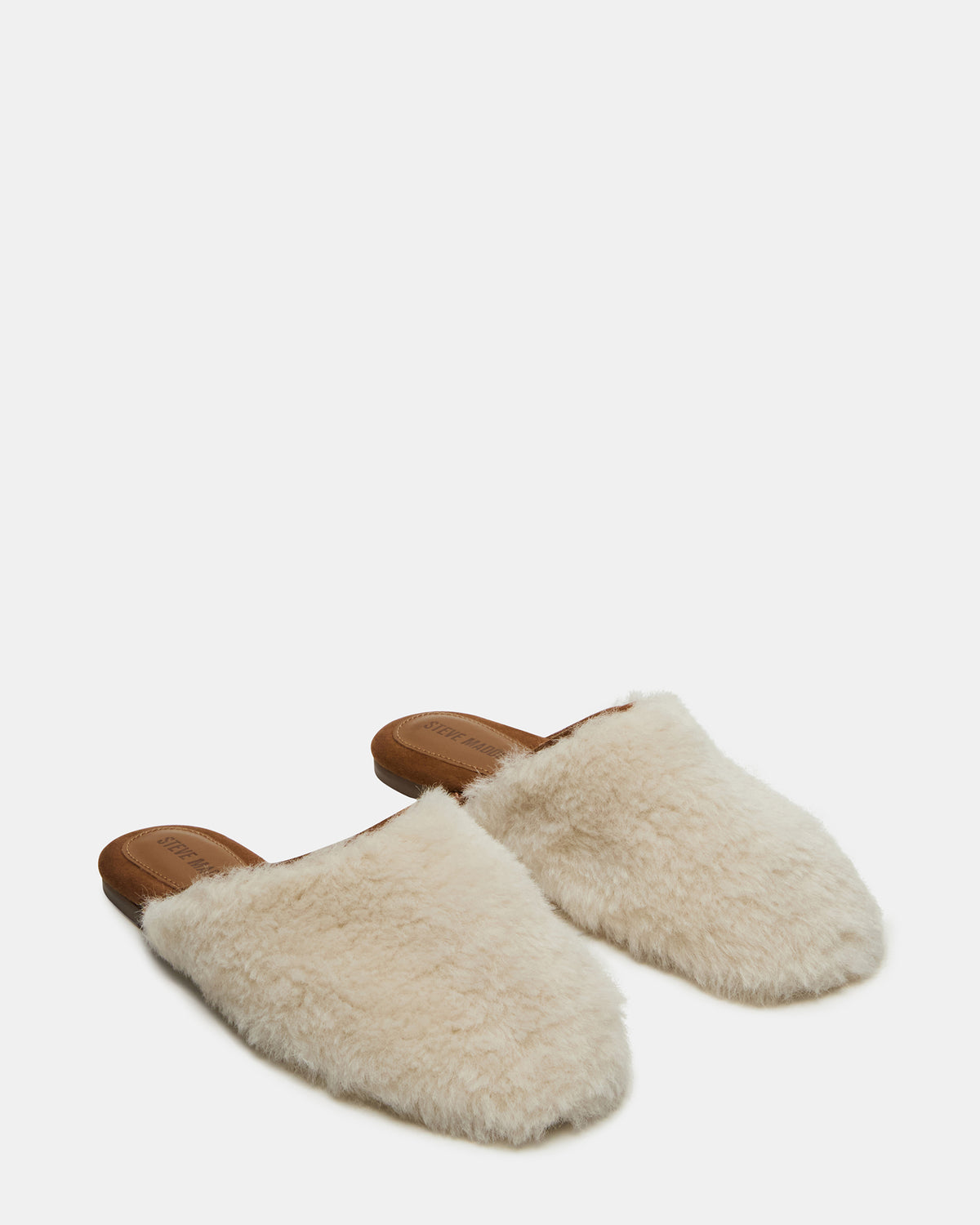 Steve Madden PEARSON Faux Fur Cream Rounded-Toe Slip-On Women's Flat