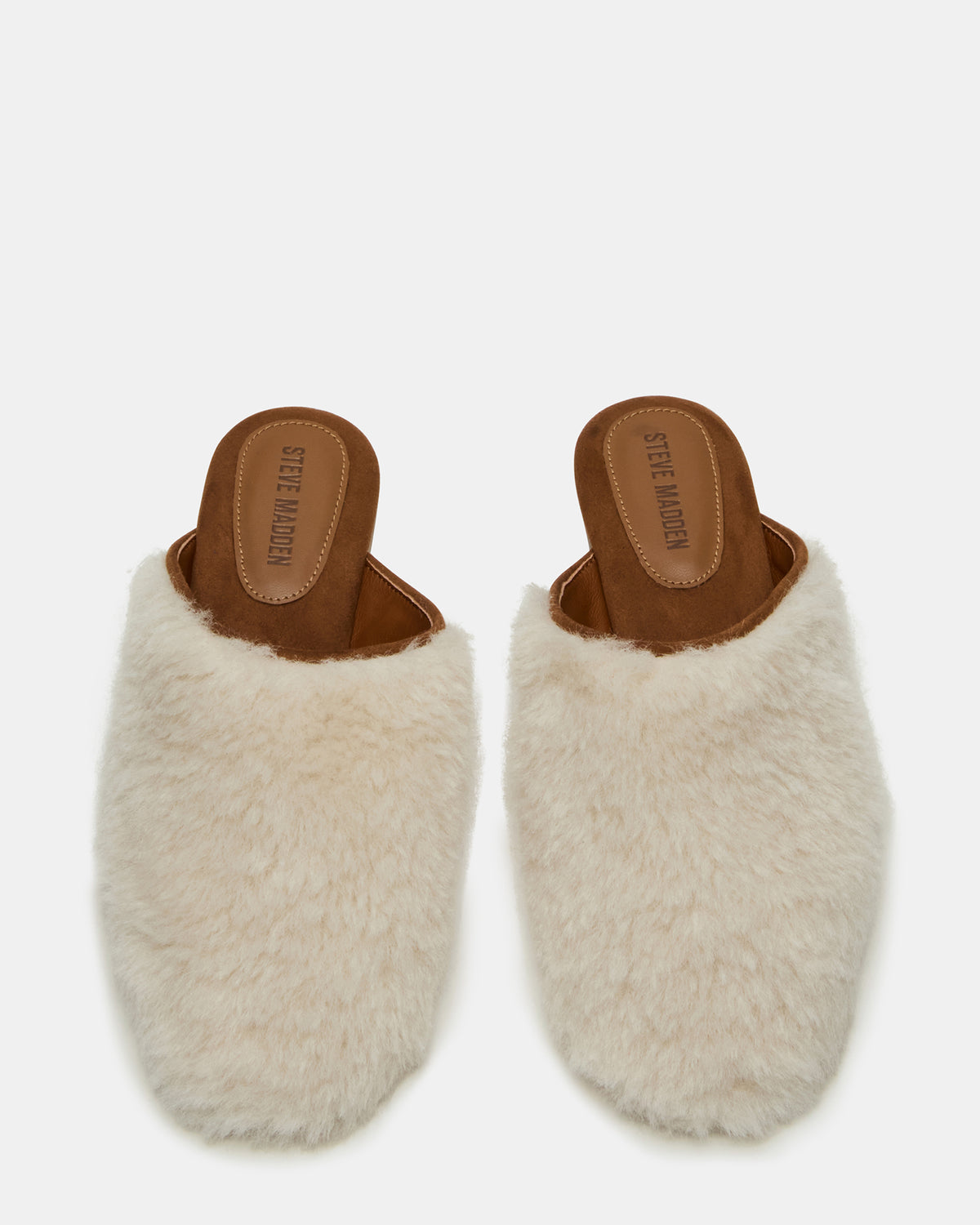 Steve Madden PEARSON Faux Fur Cream Rounded-Toe Slip-On Women's Flat