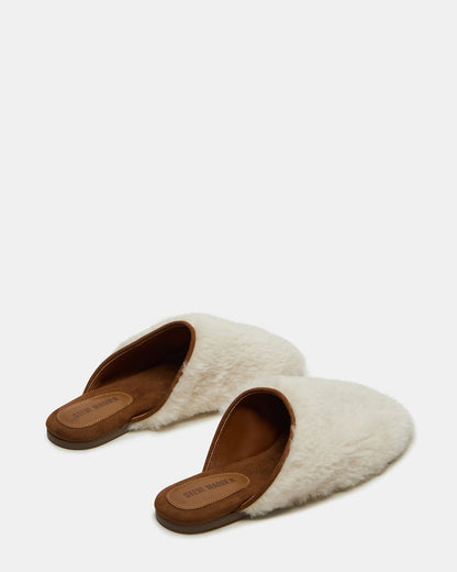 Steve Madden PEARSON Faux Fur Cream Rounded-Toe Slip-On Women's Flat