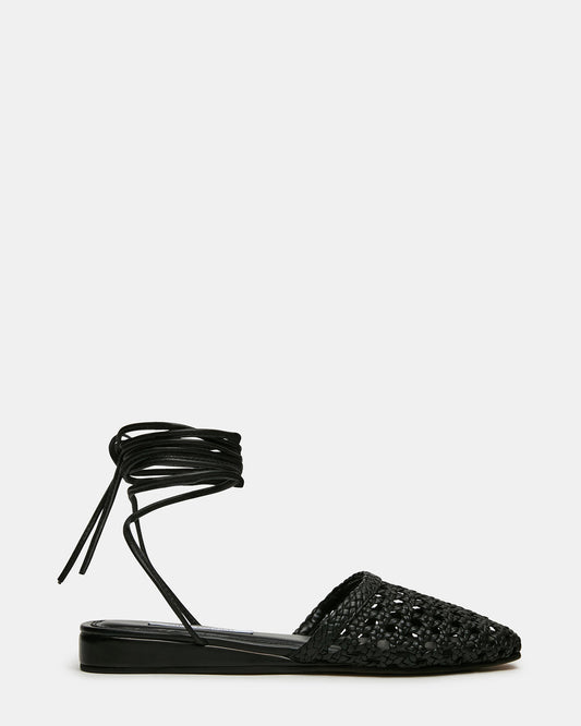 Steve Madden FLUTTER Black Leather Woven Mule Leg-Ties Strappy Women's Flat