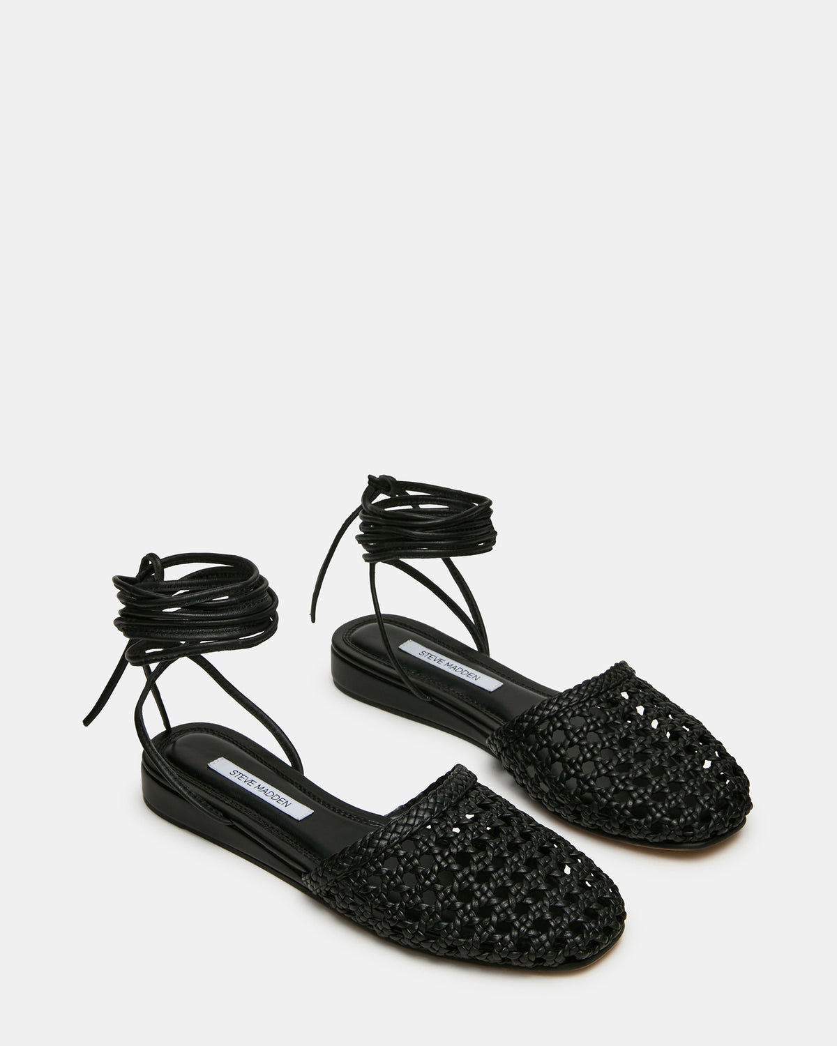 Steve Madden FLUTTER Black Leather Woven Mule Leg-Ties Strappy Women's Flat