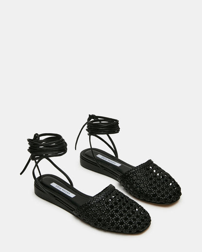 Steve Madden FLUTTER Black Leather Woven Mule Leg-Ties Strappy Women's Flat