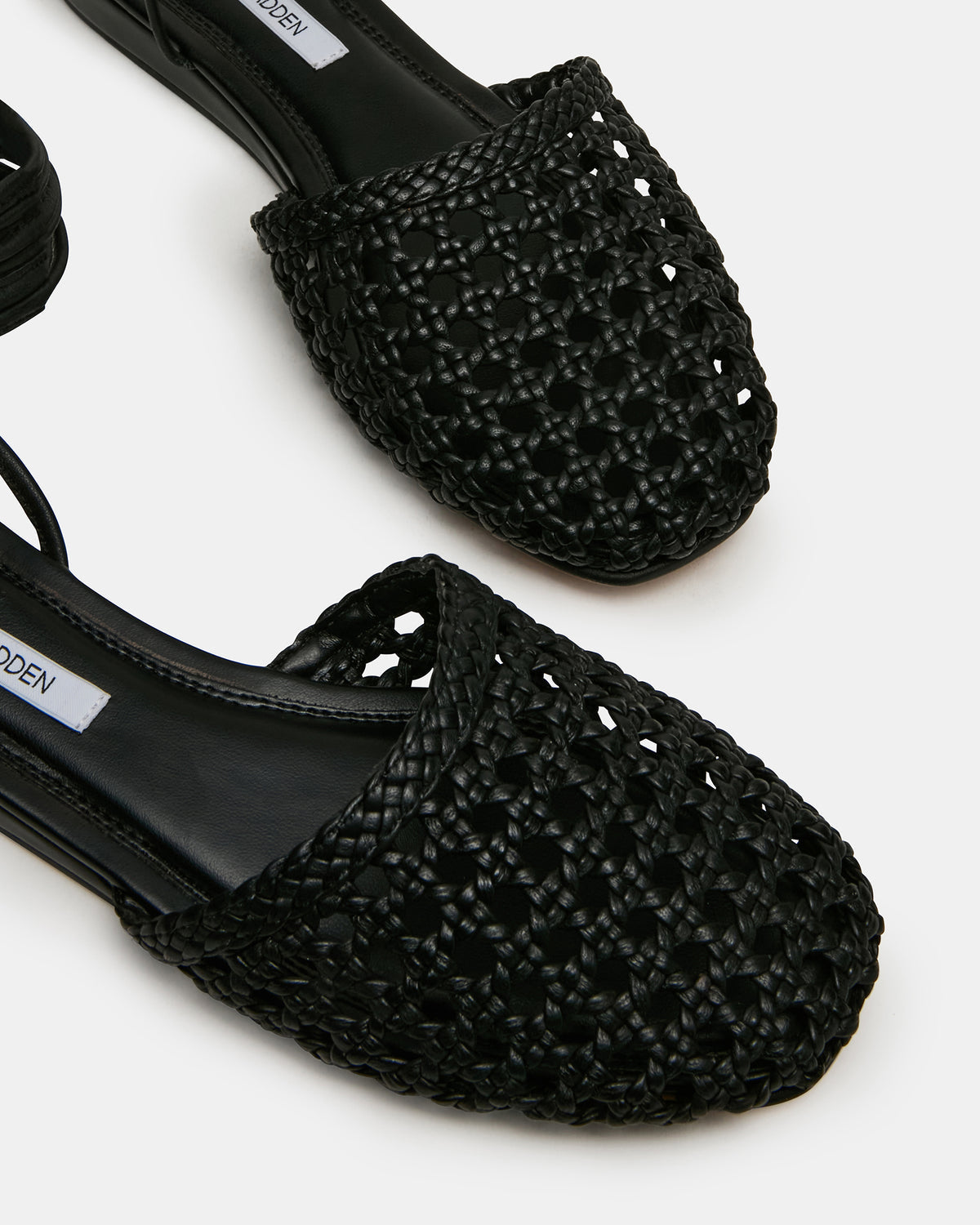 Steve Madden FLUTTER Black Leather Woven Mule Leg-Ties Strappy Women's Flat