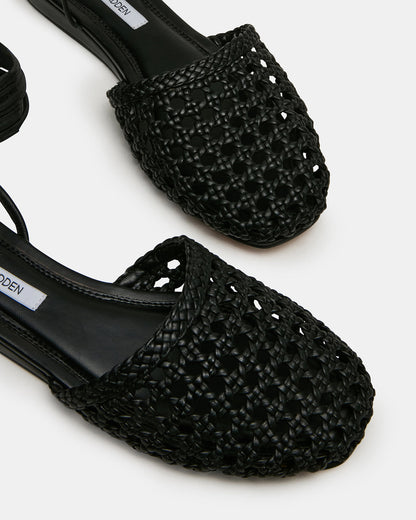 Steve Madden FLUTTER Black Leather Woven Mule Leg-Ties Strappy Women's Flat