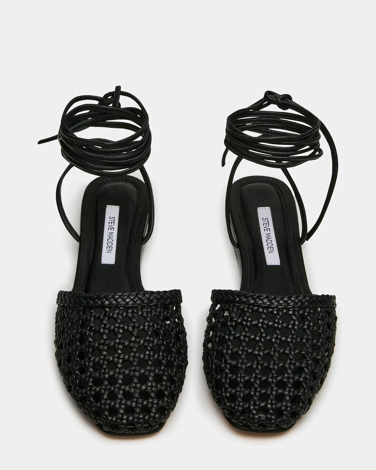 Steve Madden FLUTTER Black Leather Woven Mule Leg-Ties Strappy Women's Flat